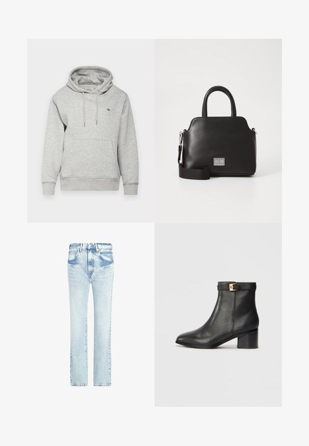 GANT SHIELD HOODIE - Mikina - light grey melange; Světlé modré džíny s rovnými nohavicemi, pěti kapsami a ošoupanou strukturou. Obsahují viditelné švy a klasické zapínání na knoflík.; Černé kožené kotníkové boty s hladkým povrchem, zaoblenou špičkou a zlatým přezkovým detaily na kotníkovém pásku. Design na blokovém podpatku.; Černá syntetická kabelka s horními uchy, odnímatelným ramenním popruhem, zaobleným tvarem, hladkým povrchem a stříbrným logem na přední straně.