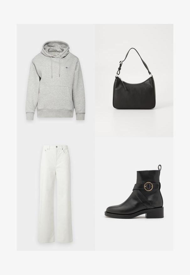 GANT - Bluza; Samsøe Samsøe SHELLY  mleczny; BOSS IRYNA czarny; Czarna skórzana torebka o zaokrąglonym kształcie, z pojedynczym uchwytem, zamknięciem na zamek błyskawiczny oraz subtelnym logo z przodu. Gładka faktura, minimalistyczny design.