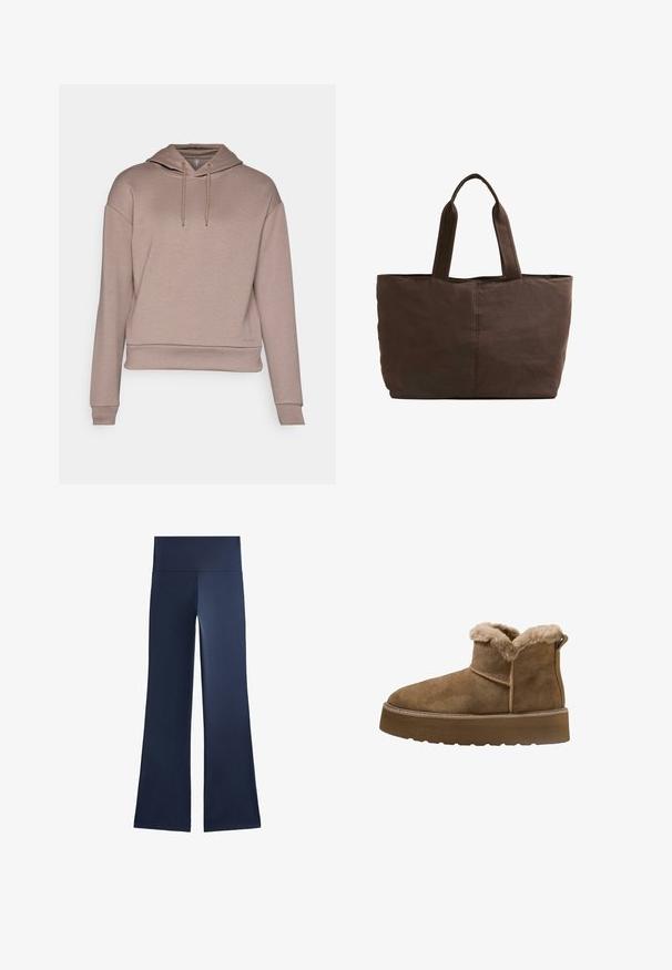Hættebluse i lysebrunt stof med løs pasform, snorelukning, ribbede manchetter og et trykt logo nær kanten.; Mørkeblå, flagrende bukser lavet af strækbart stof; har en høj, bred talje og en glat overflade uden mønstre eller synlige metaldele.; Brune ruskinds ankelstøvler med faux pelsfor, rund tå og en tykk platformsål; har en syet søm og en trækflap bagpå.; Brun stof totebag med to robuste håndtag, rektangulær form, minimale syninger og en glat tekstur.