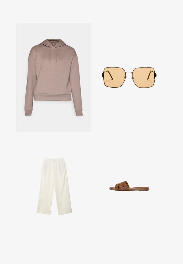 Kapunka v svetlo rjavi tkanini, ohlapen kroj, z zategovanjem na vrvico, rebrastimi manšetami in natisnjenim logotipom blizu roba.; Hlače širokih nogavic iz kremaste tkanine z gladko teksturo, z enim sprednjim gumbom, diskretnimi plisami in visokim pasom.; Rjav usnjeni natikač s prečnimi trakovi, ravnim podplatom in gladko teksturo. Preprost dizajn brez okraskov ali vzorcev.; Kvadratne sončna očala z rjavimi lečami in tankim črnim kovinskim okvirjem. Imajo poševne ušesne dele in nastavljive nosne blazinice za udobje.; Brahna torba preko rame iz rjave tkanine s širokim, zaobljenim tijelom i velikim izrezanim ručkom. Meka tekstura, minimalistički dizajn i bez vidljivih metalnih dijelova.