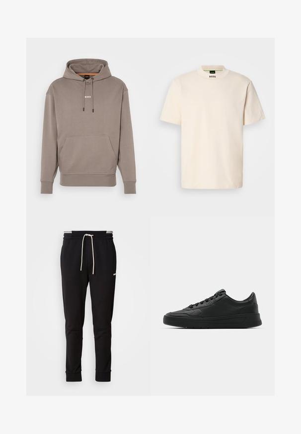 Felpa in tessuto beige con cappuccio, tasca frontale a marsupio e polsini a costine. Presenta un logo bianco "BOSS" sul petto.; Maglietta a maniche corte color crema con colletto alto, con la scritta "BOSS" stampata in nero sulla parte anteriore del collo e sull'etichetta interna.; Pantaloni jogger slim-fit neri con cordoncino bianco, polsini a coste e logo discreto sulla coscia contro uno sfondo uniforme.; Sneaker nera con tomaia in pelle liscia, punta rotonda, lacci piatti, collare imbottito e design minimalista. Suola in gomma con un delicato motivo a rilievo.