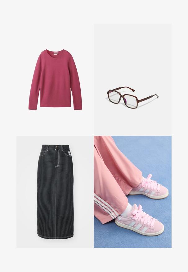 Hosszú ujjú bordázott pulóver sötét rózsaszín árnyalatban, kerek nyakkivágással és sima, texturált anyagú felülettel.; Fekete farmer midi szoknya fehér függőleges csíkokkal. Gombos derék, két elülső zseb, és kontrasztos varrás jellemzi. Egyenes szabású dizájn.; Rózsaszín sportcipők világoskék csíkokkal, kerek orral és vastag rózsaszín fűzőkkel, rózsaszín tréningnadrággal párosítva, fehér oldalsínekkel.; Barna, téglalap alakú szemüveg áttetsző lencsékkel és lila árnyalattal. Simító műanyag keret, egyenes szárakkal és diszkrét díszítésekkel.