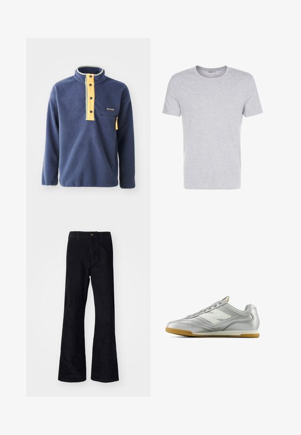 Tume sinine fliisist pullover, millel on kollane veerand-zip sulgemine ja hallid aksessuaalid. Omab rinnaosa taskut, millel on lukuga ja püsti kaelust.; Hallhalli puuvillane T-särk ümmarguse kaelusega, lühikeste varrukate ning lihtsa disainiga, millel on pehme ja siledan tekstuur ning pole nähtavaid mustreid ega kaunistusi.; Mustad mustad flared püksid traditsioonilise vöökoha, ühe esiknappi ja taskutega külgedel ja taga. Sile tekstuur.; Hõbedane spordijalats sileda, läikiva pinnaga, valge logo küljes, tekstuuriga hallid paelad ja kummist soe põhi.