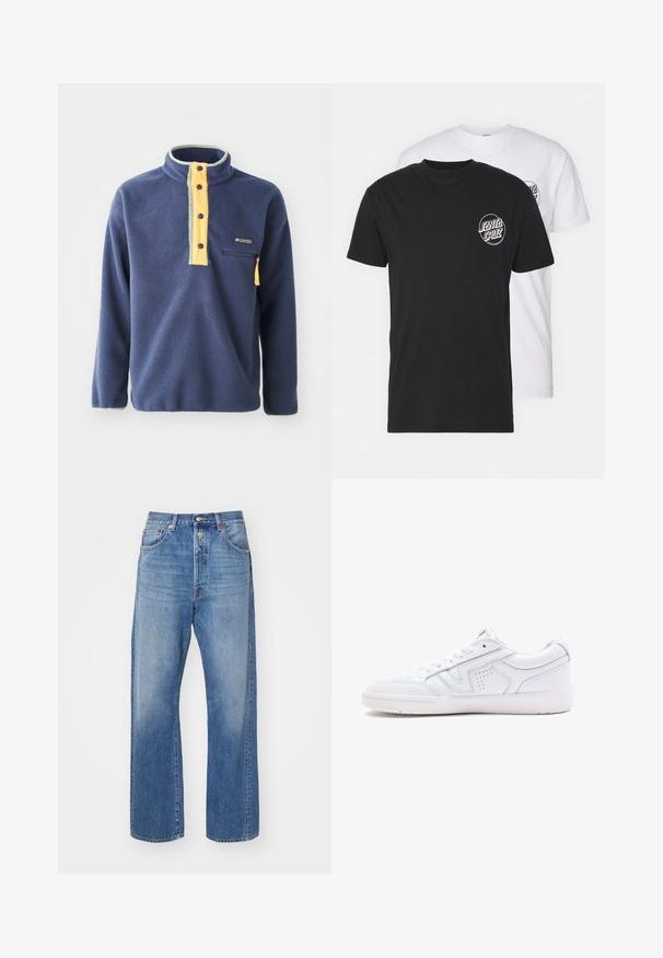 Tume sinine fliisist pullover, millel on kollane veerand-zip sulgemine ja hallid aksessuaalid. Omab rinnaosa taskut, millel on lukuga ja püsti kaelust.; Kaks t-särki komplekt: üks must, teine valge. Mõlemal on lühikesed varrukad ja rinnal kontrastse värviga ümmargune logo. Puuvillane materjal.; Heledad sinine denimid, sirge lõikega, nuppega sulgemisega, viie taskuga ja kangal on kerge hõõrdumine.; Valge nahast tenniseking, millel on madala ülaosa disain, ümar varvas, perforatsioonid ja tekstuuriga tald. Kaasas on paelad ja diskreetne õmblusaktsent.