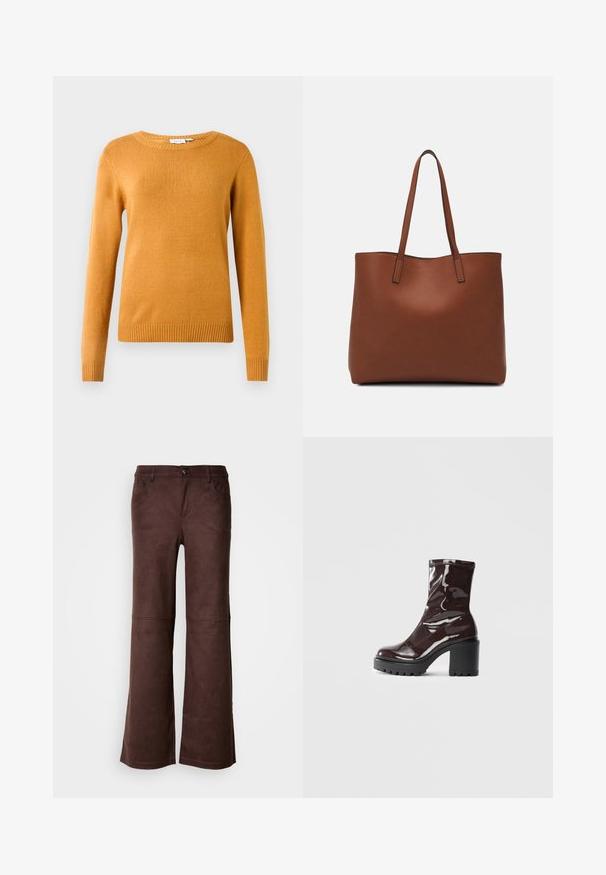 Sennepsgul genser, myk strikket stoff, rund hals, lange ermer, ribbestrikket kant i nederkant og mansjetter, lett design uten mønstre eller aksenter.; Brune flare bukser i et blødt, suede-lignende stof. Har fire lommer, en knaplukning og en glat, tekstureret overflade.; Glinsende burgunder ankelstøvel med en kraftig svart hæl, med en glatt tekstur og enkelt design. Ingen synlige lukkinger eller mønstre.; Brun lær tote veske med en jevn tekstur, åpen toppdesign og to skulderstropper. Har minimal søm og ingen synlige spiker.