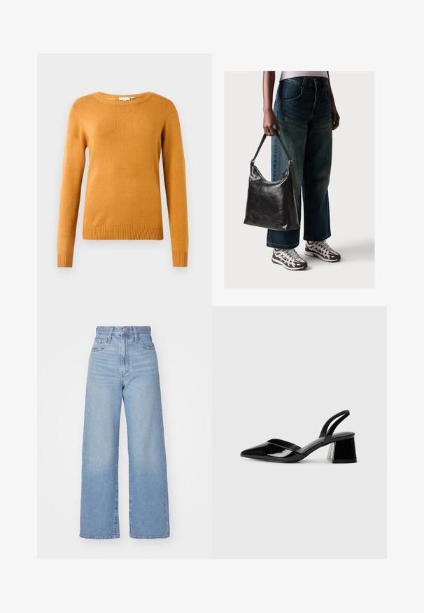 Suéter mostarda, tecido de malha suave, decote redondo, mangas longas, bainha e punhos canelados, design leve sem padrões ou detalhes.; Jeans de cintura alta e perna larga em azul claro, com fecho frontal de botão e zíper, bolsos frontais e traseiros, sobre um fundo branco.; Sandy em verniz preto com salto slingback, ponta afilada e salto geométrico. Apresenta um design elegante e minimalista com textura suave.; Bolsa de ombro em couro preto com textura suave e alça ajustável, combinada com jeans de perna larga desbotados e ténis desportivos.