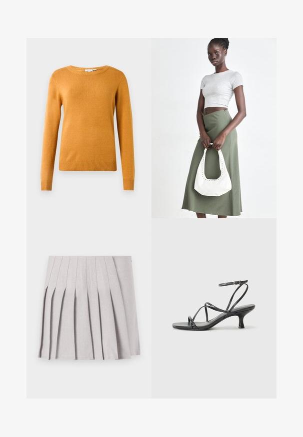 Horčicovožltý sveter, mäkká pletená tkanina, kruhový výstrih, dlhé rukávy, rebrovaný lem a manžety, ľahký dizajn bez vzorov alebo akcentov.; Sivá plisovaná sukňa s hladkým povrchom, s viacerými vertikálnymi skladmi a priliehavým pásom. Vyrobená z ľahkého materiálu.; Čierne lodičky na podpätku s tenkými remienkami, otvorenou špičkou a malým rozšíreným podpätkom. Materiál vyzerá hladko a lesklo.; Sivý pruhovaný crop top a olivovo zelená sukňa s vysokým pásom. Model drží bielu ramennú tašku s vyrezávanými detailmi. Jednoduchý dizajn, priliehavý strih.