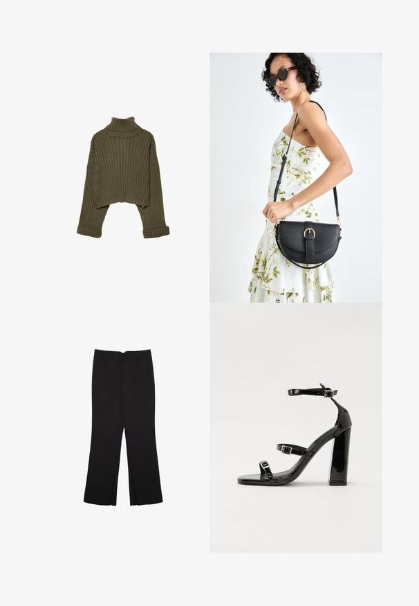 Stradivarius Trui - khaki; Zwarte broek met een rechte pasvorm, voorzien van zijzakken en plooien aan de onderzijde. Gemaakt van zachte, gladde stof. Geschikt voor verschillende gelegenheden.; Zwarte gepatenteerde sandalen met hak en een vierkante neus, enkelbandjes en zilveren gespen. Heeft een stevige blokhak voor stabiliteit.; Zwarte leren handtas met een gebogen vorm, afneembare schouderband en gouden hardware. De tas heeft een klep met een gespsluiting.