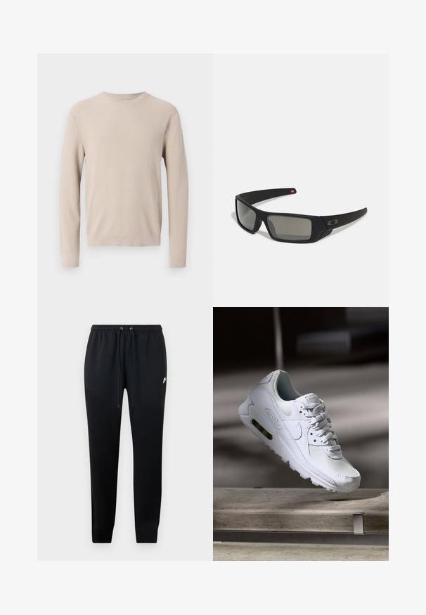 Beige stickad tröja med långa ärmar, rund halsringning och texturerat ribbat mönster. Materialet verkar mjukt och lätt.; Svarta sweatpants i mjukt tyg, med resårmidja och dragsnören, muddar vid anklarna och en liten logotypdetalj på sidan.; Vita Nike Air Max 90 sneakers med en ovandel i mesh och läder, perforerad tåbox och en synlig luftenhet i hälen.; Svarta solglasögon med matt yta, rektangulära linser, lätt kurva vid skalmarna, diskret logotypdetalj och rökfärgade linser.