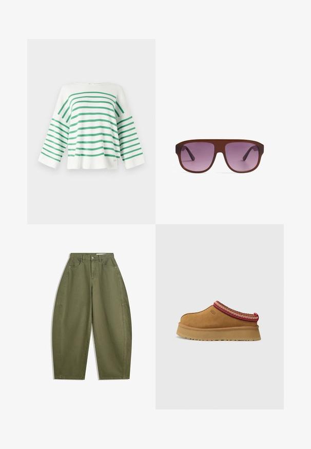 Weißer Strickpullover mit grünen horizontalen Streifen, lockere Passform, weite Ärmel und runder Ausschnitt. Verfügt über ein kleines Logo am Saum.; Olivgrüne weite Hose aus Baumwolle mit hoher Taille, Fronttaschen und glatter Textur. Keine Verzierungen oder Muster.; Braune Wildleder-Slipper mit rot-creamfarbenem gemusterten Besatz, strukturiertem Absatz und UGG-Logo an der Seite. Verfügt über eine leichte Plattformhöhe.; Braune Sonnenbrille mit großen rechteckigen Fassungen und Verlaufslinsen in Lila. Die Bügel sind schlank und setzen die Farbe des Rahmens fort.; Dunkelbraune Wildleder-Hobo-Schultertasche mit breitem, verstellbarem Ledertragegurt und weichem, lässigem Körper vor weißem Hintergrund.