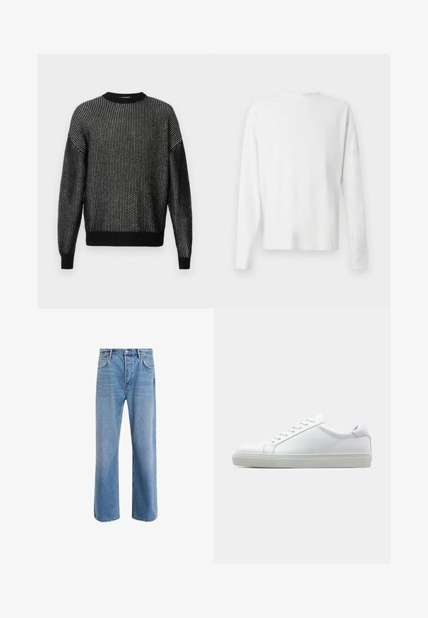 Schwarzer gestrickter Pullover mit lockerer Passform, versehen mit einem strukturierten Muster, geripptem Ausschnitt, Bündchen und Saum. Lange Ärmel ohne sichtbare Nähte.; Langärmliges weißes Baumwollhemd mit rundem Ausschnitt, seitlichen Schlitzen am unteren Rand und glatter Textur, von hinten präsentiert.; Helle blaue Jeans im Geradeschnitt-Design, mit fünf Taschen, Knopfverschluss, minimaler Ausbleichung und kontrastierenden Nähdetails.; Weißer Sneaker mit glattem Lederobermaterial und niedrigem Profil. Verfügt über eine runde Zehenpartie, sechs Ösen und eine strukturierte Gummisohle.