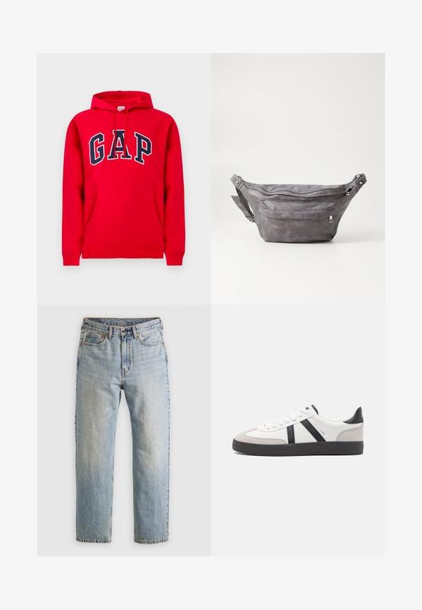 Sarkans kapuce, kas izgatavots no kokvilnas, ar priekšējo kabatu, regulējamu kapuci un "GAP" logotipu tumši zilā krāsā uz krūtīm.; Gai zila denima bikses ar augstu jostasvietu, priekšējo pogu, rāvējslēdzēju un piecu kabatu dizainu, izlīdzinātas uz neitrāla fona.; Baltas sneakeris ar melniem un pelēkiem akcentiem, kuram ir teksturēts pelēks purngals, melna gumijas zole un plakanas baltas šņores. Tīrs dizains, minimālisma stils.; Pelēks zamšādas jostas somiņa ar noapaļotu formu, divām kabatām ar rāvējslēdzējiem un regulējamu siksnu. Iekļauj metāla aksesuārus.