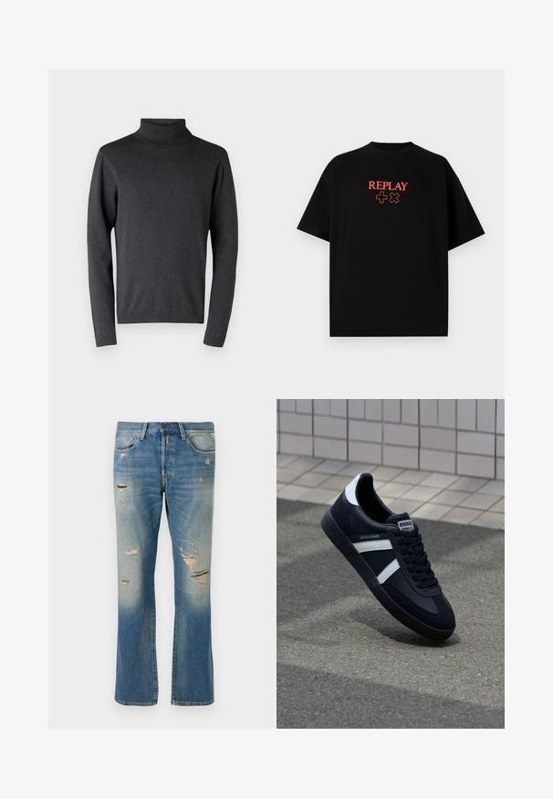Dunkelgrauer Rollkragenpullover aus weichem Material, mit langen Ärmeln sowie gerippten Bündchen und Saum, mit einer glatten, gleichmäßigen Textur.; Schwarzes Baumwoll-T-Shirt mit kurzen Ärmeln und Rundhalsausschnitt, mit einem roten "REPLAY"-Logo und Symbolen, die zentral auf der Brust ausgerichtet sind.; Hellblaue Denim-Jeans mit einer lockeren Passform, die verwaschene Details und fransige Patches aufweisen, mit dem klassischen Fünf-Taschen-Design und einem Knopfverschluss.; Schwarze Leder-Sneaker mit weißen Streifen, strukturiertem Gummisohle und Schnürung. Verfügt über ein Markenetikett auf der Zunge.