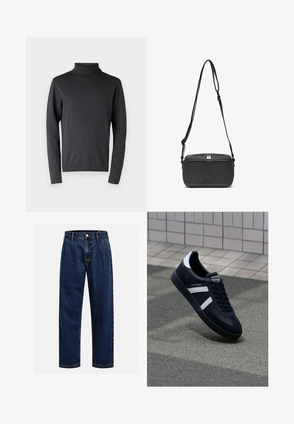 Pulover cu guler înalt de culoare gri închis, confectionat dintr-un material moale, cu mâneci lungi și manșete și tiv cu dungi rizate, având o textură netedă și uniformă.; Jeans din denim albastru închis cu un design drept. Prezintă cusături vizibile, închidere cu buton și pliuri frontale pentru un detaliu suplimentar.; Sneaker din piele neagră cu dungi albe, talpă din cauciuc texturat și șireturi. Prezintă un eticheta de marcă pe limbă.; Geantă din piele neagră, tip crossbody, cu închidere cu fermoar, logo embosat pe față și curea ajustabilă. Textură netedă și formă rectangulară.