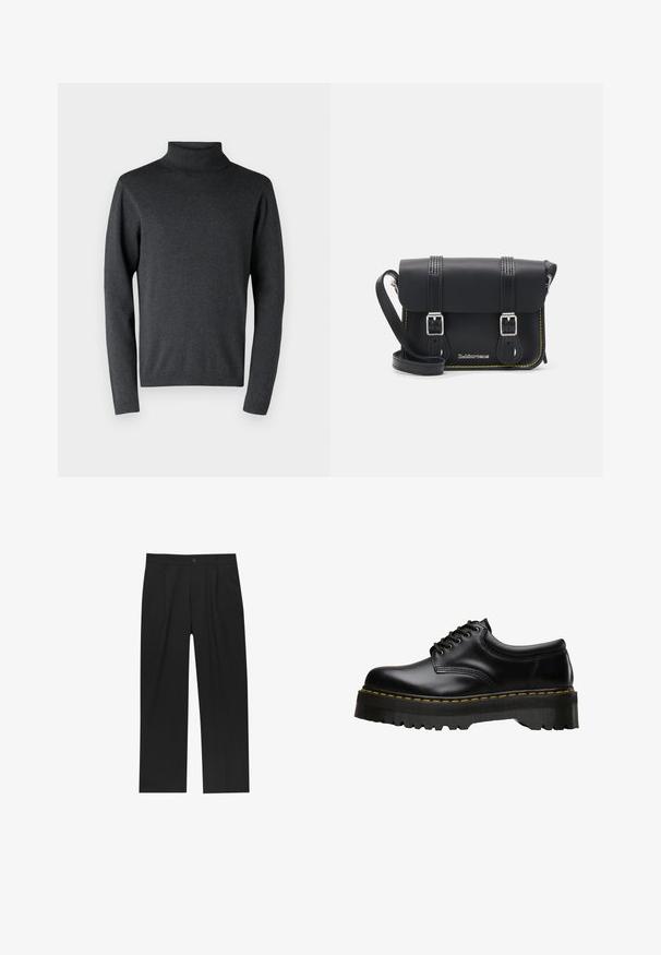 Sötét szürke garbós pulóver, puha anyagból készült, hosszú ujjaival és bordázott mandzsettákkal, valamint aljjal rendelkezik, sima, egyenletes textúrával.; Fekete nadrág egyenes szárú kialakítással, sima anyagból készült. Elöl redők és egy gombos záródás található a derékon.; Fekete bőr fűzős cipő, vastag, fogazott fekete gumitalppal és sárga varrással a széleken, sima felülettel.; Fekete bőr keresztbody táska hajtóka, két ezüst csattal, sárga varrással és állítható pánttal. Simább textúrával és kompakt formatervezéssel rendelkezik.