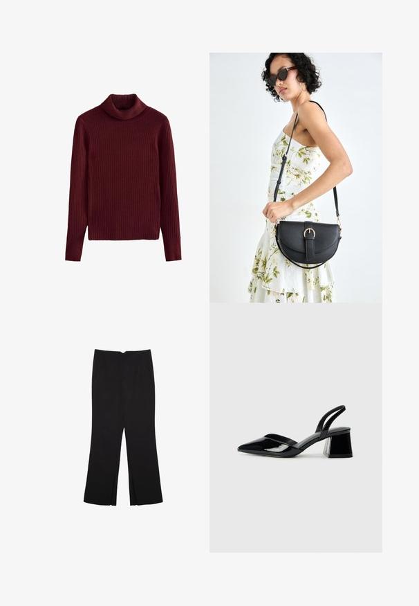 Next HIGH ROLL NECK - Strickpullover - red burgundy; Schwarze Hose mit geradem Schnitt, ausgestattet mit Fronttaschen und Seitenschlitzen am Saum. Hergestellt aus weichem, glattem Stoff. Geeignet für verschiedene Anlässe.; Schwarze Lackleder-Slingback-High Heels mit spitzem Schuh und einem geometrischen Blockabsatz. Verfügt über ein schlankes, minimalistisches Design und eine glatte Textur.; Schwarze Lederhandtasche mit geschwungener Form, abnehmbarem Tragegurt und goldenen Beschlägen. Die Tasche verfügt über einen Deckel mit einer Schnallen-Details.