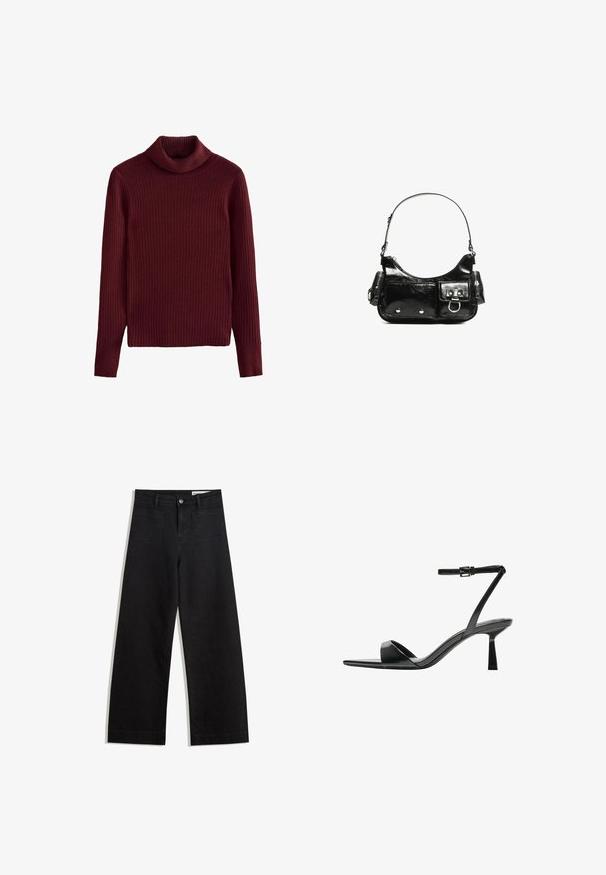 Next HIGH ROLL NECK - Pulover - red burgundy; Črne široke denim hlače z visokim pasom, ki imajo sprednje in zadnje žepe, šivane šive ter gumbasto zapiranje. Gladka tekstura.; Bershka Sandali z visoko peto - black; Črna lakasta usnjena torbica s ukrivljeno obliko, enim ramenskim trakom, sprednjimi žepi in srebrnimi kovinskimi dodatki.