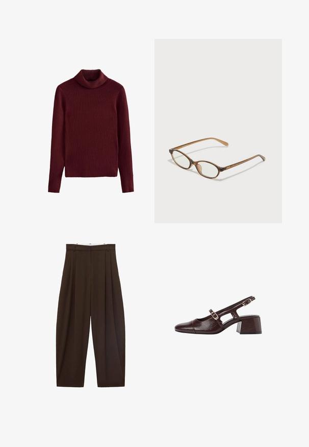 Next HIGH ROLL NECK - Strickpullover - red burgundy; Braune, hoch taillierte Hose mit Falten, aus glattem Stoff. Lässige Passform, gerade Beinform, mit Gürtelschlaufen und Reißverschluss.; Braune Leder Slingback-Pumps mit quadratischer Spitze, ausgeschnittenen Seiten und Blockabsatz. Mit einer Schnalle am Knöchelriemen.; Braune Schildpatt-Brille mit ovalen Gläsern, dünnen Bügeln und transparenten Akzenten. Verfügt über ein dezentes Logo am Bügel. Elegantes, leichtes Design.; COACH BROOKLYN SHOULDER BAG 23 - Handtasche - maple