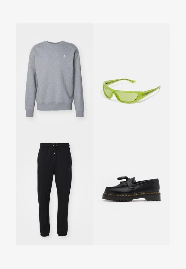Sudadera de algodón gris con cuello redondo, mangas largas y puños acanalados. Presenta un logotipo bordado en blanco en el lado izquierdo del pecho.; Pantalones de chándal negros con cinturilla elástica y cordón ajustable, que presentan tobillos acampanados y un logotipo sutil en el costado.; Mocasín de cuero negro con un acento de borlas, que presenta una suela gruesa negra y costuras amarillas a lo largo del borde. Acabado texturizado.; Gafas de sol verdes con un diseño elegante y envolvente. Fabricadas en plástico ligero, cuentan con lentes ahumados y una sutil marca en las patillas.; Collar de metal plateado de tres capas que presenta cadenas flexibles y elegantes con un ligero brillo, asegurado con un cierre de langosta y cadena ajustable.