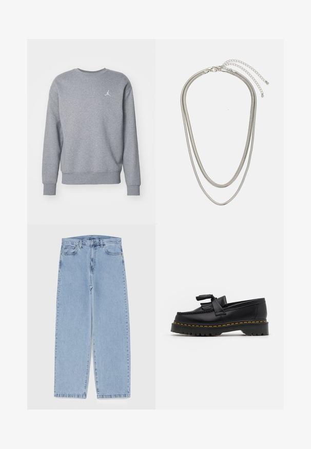 Felpa grigia in cotone con scollatura a girocollo, maniche lunghe e polsini a costine. Presenta un logo ricamato bianco sul lato sinistro del petto.; Jeans in denim azzurro chiaro con design a gamba dritta, caratterizzati da una vita media, cinque tasche e chiusura con bottone e zip.; Mocassino in pelle nera con un'accento a frange, dotato di una suola nera spessa e cuciture gialle lungo il bordo. Finitura testurizzata.; Collana in metallo argentato a tre strati caratterizzata da catene sottili e flessibili con una leggera lucentezza, fissata con un gancio a molla e una catena regolabile.