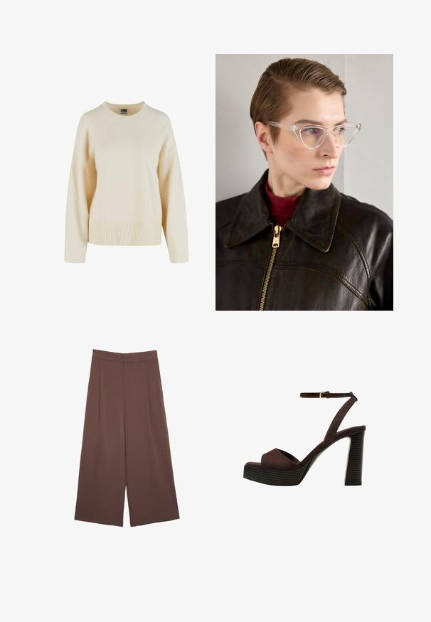 Cremefarvet sweater lavet af blødt stof, med ribkant ved kanten og mansjetter, rund halsudskæring og afslappet pasform med sænkede skuldre.; Brune bredbunde bukser med en glat tekstur, der har høj talje og plisseringer foran. Stoffet er let og falder løst.; Brune ruskinds højhælede sandal med åben tå, justerbar ankelrem og en stribet plade sål.; Klare acetat katteøje-briller med gule tonede linser, båret af en person i en mørk læderjakke og rød turtleneck. Glat tekstur.; Brun lædertaske med en rynket top og en kædestrop. Glat tekstur med en blank finish og subtile sømdetaljer på siderne.