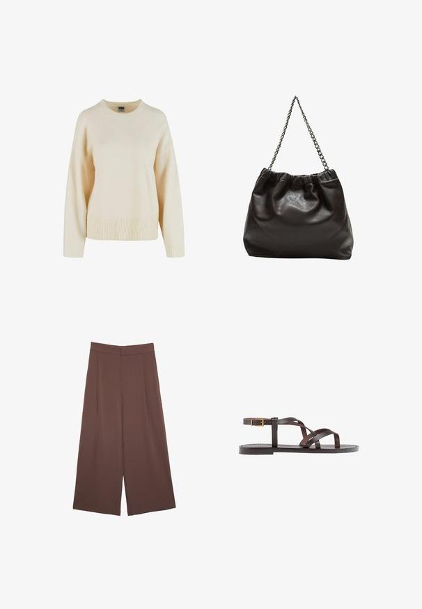 Cream-colored sweater made of soft fabric, featuring a ribbed hem and cuffs, round neckline, and relaxed fit with dropped shoulders.; Brown wide-leg trousers with a smooth texture, featuring a high waist and front pleats. The fabric is lightweight and flows loosely.; Brown leather sandal featuring crisscross straps, an ankle buckle closure, and a flat sole with minimal stitching details.; Brown leather bag with a gathered top and a chain strap. Smooth texture with a glossy finish and subtle seam detailing on the sides.; Clear and amber resin rings, one smooth and transparent, the other with a textured, amber finish. Both feature rounded, chunky designs.