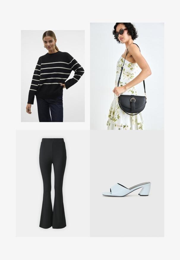 Vero Moda VMFLAWLESS O-NECK NOOS - Džemper - black; Mustast lõtvuvate pükste, mis on valmistatud venivast kangast. Omab kõrget vööd ja sujuvat, keha järgivat disaini, mis laieneb põlve alt allapoole.; Heledad heles sinine avatud varvaga, geomeetrilise disainiga, laia rihmaga jala kohal ja nurga all oleva paksu kontsaga.; Mustmust mustraha kõverate joontega, eemaldatava rihmaga ja kuldsete detailidega. Kotil on klapp, millel on pandladetail.