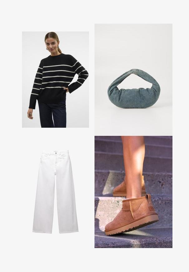 Vero Moda VMFLAWLESS O-NECK NOOS - Pulover - black; Jeans albe cu croi larg, confectionate din denim. Prezintă închidere cu nasture, buzunare frontale și posterioare, și cusături evidente. Textură netedă cu detalii minime.; Botine bej din suede cu o textură moale, detalii cusute și o talpă din cauciuc, având un călcâi cu buclă pentru o utilizare ușoară.; Geantă din denim albastru cu o formă rotundă și umplutură, având un mâner curbat. Textura este moale, cu cusături vizibile și un finisaj neted.