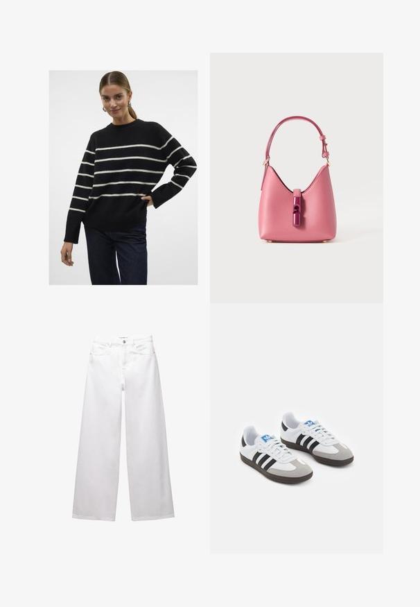 Vero Moda VMFLAWLESS O-NECK NOOS - Svetr - black; Bílé široké džíny vyrobené z denimu. Obsahují zapínání na knoflík, přední a zadní kapsy a šité švy. Hladká textura s minimálními detaily.; Sportovní boty s bílým koženým svrškem, šedou semišovou špičkou a třemi černými pruhy. Obsahují modré logo na jazyku a texturovanou gumovou podrážku.; Růžová kožená kabelka se strukturovaným tvarem, zdobená lesklým uzávěrem a jedním nastavitelným popruhem. Texturovaný povrch s zlatými kovovými detaily.