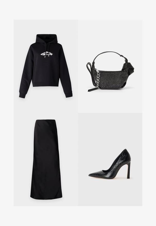 Felpa nera con cappuccio, con un design logo bianco sul davanti, dotata di chiusura con cordino e polsini e orlo a costine. Materiale in cotone misto.; Norma Kamali BIAS OBIE SKIRT - Gonna lunga - black; Scarpa nera con punta a punta alta in pelle di coccodrillo, caratterizzata da un design elegante, alto tacco a spillo e interno nero liscio.; Borsa nera con decorazioni a borchie, una tracolla a catena e un manico in pelle liscia, dalla forma rotonda e con scomparto con zip.