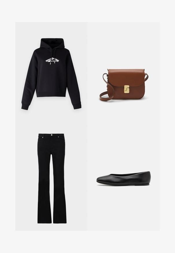 Sweatshirt preto com capuz e design de logotipo frontal em branco, apresentando um fecho com cordão e punhos e bainha canelados. Material em mistura de algodão.; Calças pretas de ganga em corte flare, com dois bolsos frontais, fecho com botão e uma textura suave. Costura característica visível nas costuras.; Paul Smith TOPANGA - Sabrinas - black; Bolsa de couro castanho com fecho de aba, decoração em tom dourado, alça de ombro e textura suave. Formato retangular compacto.