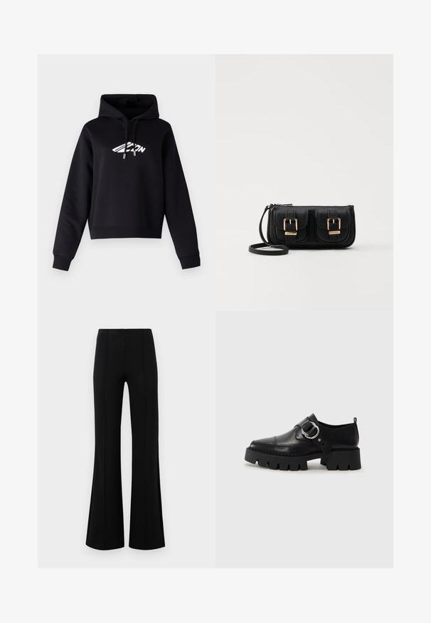 Čierna mikina s kapucňou a predným logom v bielej farbe, so sťahovacou šnúrkou a pútkami na zápästiach a spodnom leme. Materiál z bavlnenej zmesi.; Čierne rozšírené nohavice s vysokým pásom, vyrobené z elastického materiálu. Obsahujú vertikálne švy na prednej strane a hladkú textúru.; Čierne kožené topánky s hrubou, rebrovanou podrážkou, vyznačujúce sa okrúhlou striebornou kovovou ozdobou a minimálnym prešívaním.; Čierna kožená crossbody taška s dvoma prednými vreckami, zlatými sponami, zipsovým uzatváraním a úzkym popruhom. Štruktúrovaný povrch a kompaktný obdĺžnikový tvar.