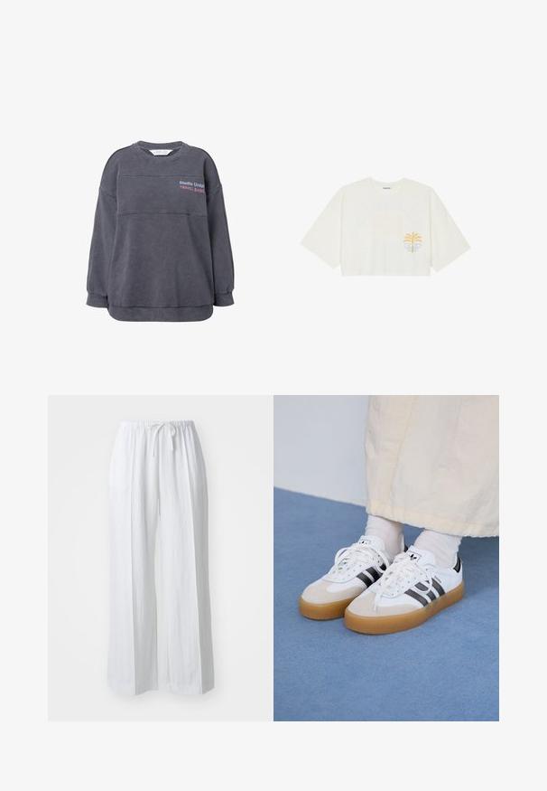 Ciemnoszara, oversize'owa bluza z ribbowym kołnierzem i mankietami. Posiada poziome detale szwów oraz nadrukowany tekst w kolorach fioletowym i czerwonym.; Przycięta biała koszulka bawełniana z krótkim rękawem, z żółtym wzorem palmy i niebieską falą na lewej piersi.; Białe, szerokie spodnie z troczkiem w talii. Wykonane z lekkiego materiału, charakteryzujące się gładką fakturą i minimalistycznym wzornictwem.; Białe sneakersy z czarnymi paskami i beżowymi zamszowymi akcentami. Posiadają teksturowaną gumową podeszwę i płaskie białe sznurowadła, noszone z jasnymi skarpetami.