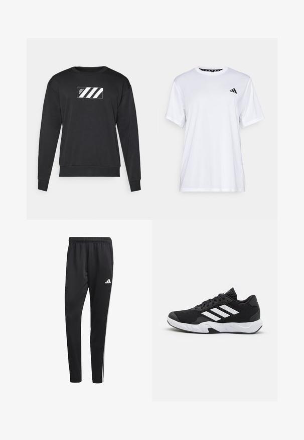 Černá mikina vyrobená z bavlněné směsi, s obdélníkovým designem, bílé pruhy a logo vepředu. Hladký lem a manžety.; Bílý sportovní tričko s krátkými rukávy, vyrobené z materiálu odvádějícího vlhkost. Na levé straně hrudi se nachází černé logo a vnitřní límec je vzorovaný.; Černé sportovní kalhoty s elastickým pasem, bílými bočními pruhy a malým bílým logem na stehně. Vyrobené z hladkého, lehkého materiálu.; Černé sportovní boty s texturovaným síťovaným svrškem, bílými akcentními pruhy, polstrovanou podrážkou a vyztuženým patem pro podporu.