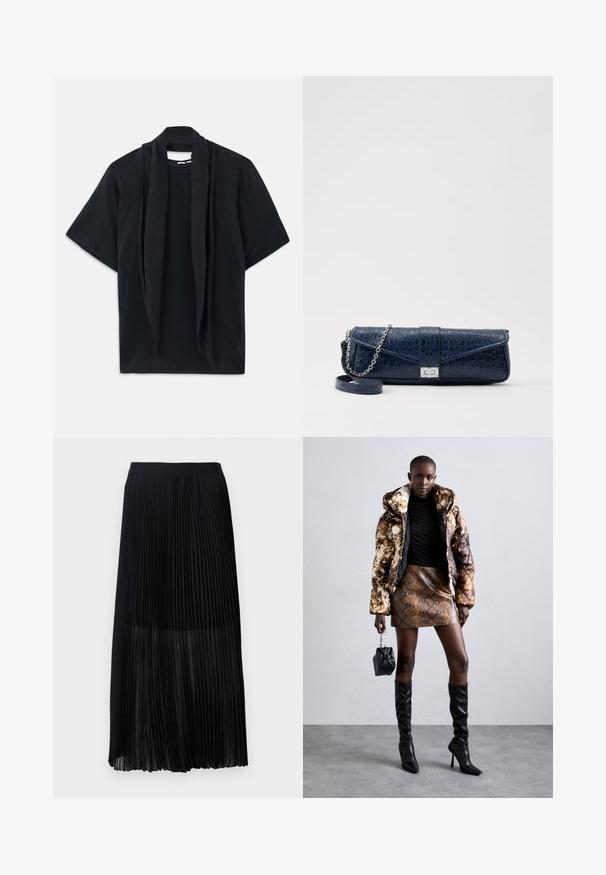 Čierne tričko s krátkym rukávom a voľne drapovaným šálom pri výstrihu. Mäkkučký materiál, voľný strih a uvoľnená silueta.; Čierna plisovaná midi sukňa s hladkým, elastickým pásom a priesvitnou vrstvou, ktorá má jemné vertikálne plisovanie po celej textílii.; Bundička s kapucňou so hnedo-čiernym vzorom, skombinovaná s mini suknou s hadím vzorom v hnedej farbe, čiernymi čižmami po kolená a malou čiernou kabelkou.; Tmavomodrá kožená kapsička s krokodílovou textúrou, strieborný reťazový popruh a kovová spona. Obdĺžnikový tvar so sklápacím dizajnom.
