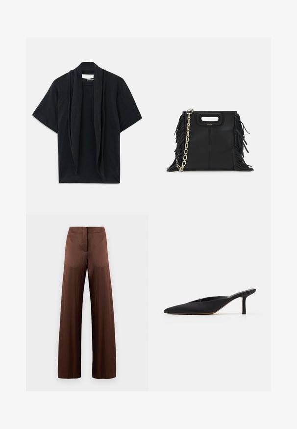 Zwart t-shirt met korte mouwen en een gedrapeerde sjaaldetail bij de halslijn. Zachte stof, relaxte pasvorm en losse silhouet.; Bruine wijde broek gemaakt van een gladde, lichte stof, met een rechte voorkant, zonder zakken en een rechte silhoutte.; Zwarte muiltje met spitse neus en een strak ontwerp, gemaakt van gladde stof, met een slanke hak en open achterkant voor gemakkelijk aan- en uittrekken.; Zwarte leren handtas met franjes, gouden schouderband van schakels en een uitsnijding in de handgreep. Heeft het logo prominent aan de voorkant.