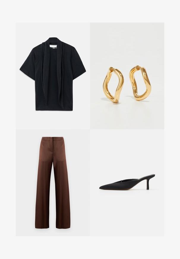 Black short-sleeve t-shirt with a draped scarf detail at the neckline. Soft fabric, relaxed fit, and loose silhouette.; Brown wide-leg trousers made of smooth, lightweight fabric, featuring a flat front, no pockets, and a straight silhouette.; Black pointed-toe mule with a sleek design, made of smooth fabric, featuring a slender heel and open back for easy wear.; Gold-colored hoop earrings with a curved, irregular shape and a smooth, polished texture. No visible hardware or accents.
