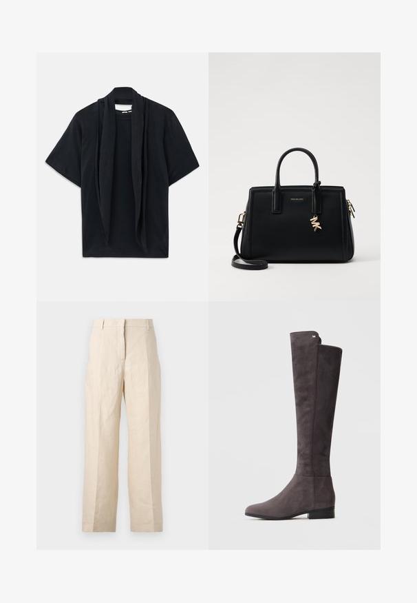 Svart t-skjorte med korte ermer og drapert skjerfdetalj ved utringningen. Myk stoff, avslappet passform og løs silhuett.; Beige linbukser med løs passform, plisserte foran og rett ben. Har en midjebånd med beltehemper og ingen synlige lommer.; Mørk grå semsket knehøy støvel med lav hæl og subtil metallisk logo nær toppen på ensfarget lys bakgrunn.; Svart skinnhåndveske med strukturert design, doble topphåndtak, avtakbar skulderrem, gullfarget hardware og en logo-detalj.