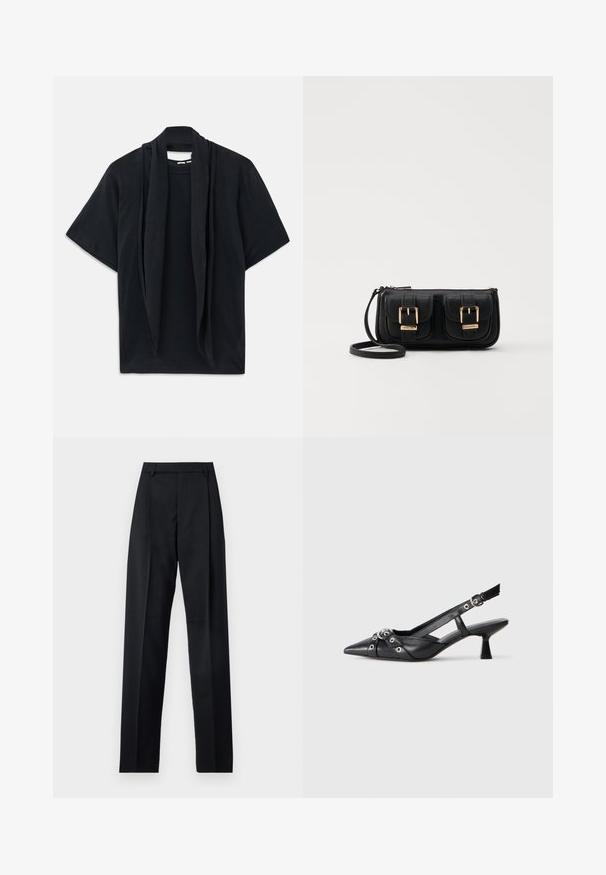Črna kratka majica s kratkimi rokavi z drapiranim šalom okoli ovratu. Mehka tkanina, sproščen kroj in ohlapen silhueta.; Črne hlače iz gladkega materiala, ki imajo visok pas, široke noge, sprednje nabore in klasične zanke za pas. Nevidni stranski žepi.; Črne usnjene sandale središnje zaponke z ostro konico, okrasnimi trakovi z kovinskimi očesi in nizko blokasto peto. Teksturirana površina.; Črna usnjena torbica čez ramo z dvema sprednjima žepoma, zlatimi zaponkami, zadrgo in ozkim pasom. Tekstura površine je strukturirana, obliko pa ima kompaktno pravokotno.