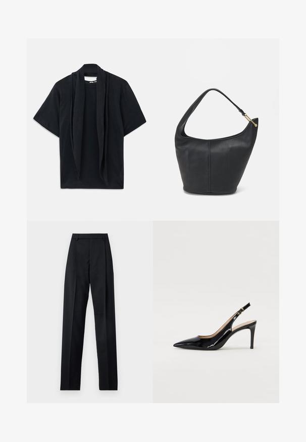 Mustaga lühikeste varrukatega T-särk, millel on kaeluses rippuva salliga detail. Pehme kangas, lõdva lõikega ja vabalt langev siluett.; Mustad püksid siledast kangast, millel on kõrge vöökoht, laiad jalad, esimesed kortsud ja klassikalised vööloopid. Küljepockets pole nähtavad.; Must hõbedavärvi patendiga slingback kontsakingad terava varbaga, kitsas konts ja peene lõikega disain. Statistika on kuldne pandla rihmal.; Musthave musta nahast käekott ümarate servadega, laia rihmaga ja tekstureeritud pinnaga. Omab peenelt õmblust detailina ning kullatooni aksessuaare.