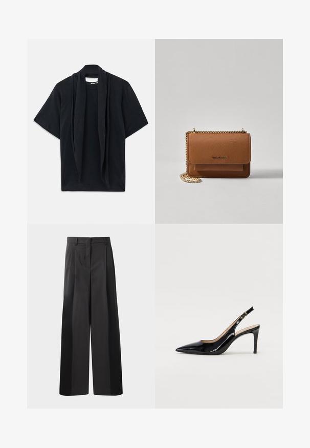 Mustaga lühikeste varrukatega T-särk, millel on kaeluses rippuva salliga detail. Pehme kangas, lõdva lõikega ja vabalt langev siluett.; Mustad laiad püksid kõrge vöökohaga, millel on ees voldid, sile tekstuur ja õmmeldud viimistlus. Kujundatud lõdva istuvuse saavutamiseks.; Must hõbedavärvi patendiga slingback kontsakingad terava varbaga, kitsas konts ja peene lõikega disain. Statistika on kuldne pandla rihmal.; Pruun tekstureeritud nahk ristkeha kott kuldse ahelaga rihmaga ja klapiga sulgemine. Esiküljel on logo detail ja tasku klapi all.