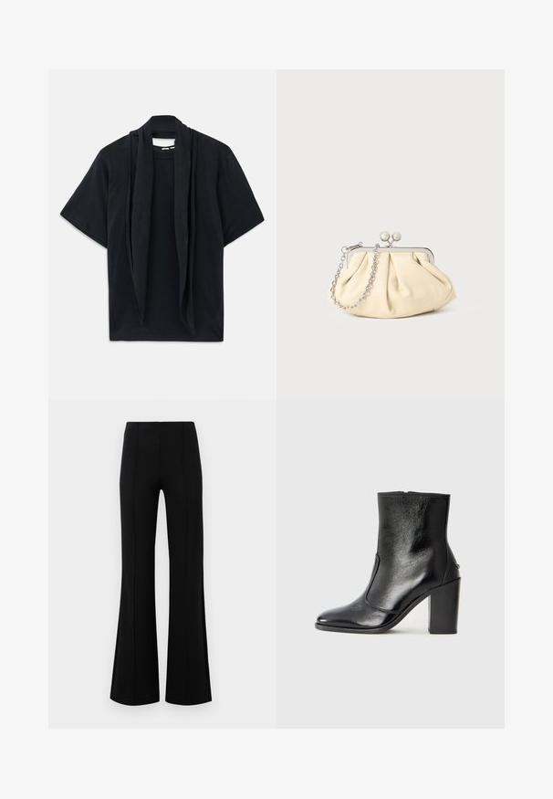 T-shirt noir à manches courtes avec un détail de foulard drapé au niveau du col. Tissu doux, coupe décontractée et silhouette ample.; Pantalons évasés noirs avec une taille haute, fabriqués en tissu extensible. Présente des détails de couture verticaux sur le devant et une texture lisse.; Bottine en cuir noir, avec une texture lisse, un bout pointu et un talon chunky haut. Présente une ouverture sur le côté et un design minimaliste.; Pochette en cuir beige plissé avec un cadre en métal argenté, dotée de deux fermoirs ronds décoratifs et d'une chaîne en argent.