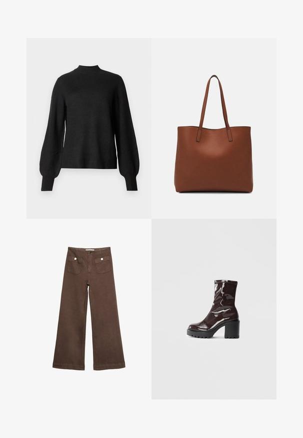 Črni dolg rokav pleteni pulover z rebrastim ovratnikom, manšetami in robom, z rahlo napihnjenimi rokavi in prilegajočo silhueto.; Svetlo rjave široke hlače iz bombaža, ki vključujejo dva sprednja žepa s srebrnimi gumbi in gladko teksturo.; Sijajan škrlatank z bleščečim videzom, z masivnim črnim peto, ki se ponaša z gladko teksturo in preprostim dizajnom. Brez vidnih zapenjal ali vzorcev.; Rjava usnjena torba z gladko teksturo, odprto zasnovo zgoraj in dvema naramnima trakovoma. Opremljena je z minimalnim šivanjem in brez vidnih kovinskih delov.