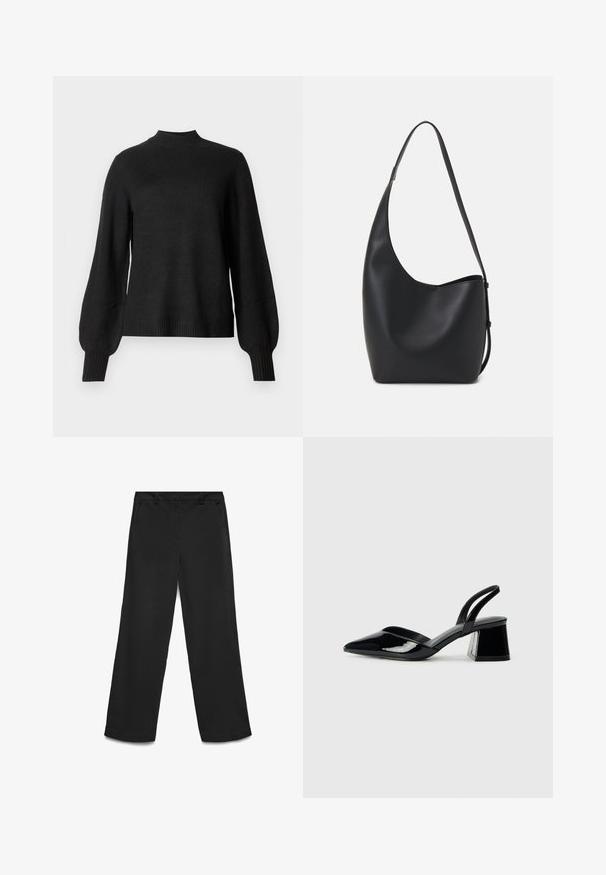 Črni dolg rokav pleteni pulover z rebrastim ovratnikom, manšetami in robom, z rahlo napihnjenimi rokavi in prilegajočo silhueto.; Črne široke hlače iz gladkega blaga. Imajo raven pas, dvojne stranske žepe in čiste robove na konicah.; Črne lakirane slingback pete s koničastim nosom in geometrijsko blokasto peto. Imajo eleganten, minimalističen dizajn in gladko teksturo.; Črna usnjena hobo torba z gladko teksturo, ukrivljeno obliko in eno nastavljivo naramnico; ima širok odprtina na vrhu.