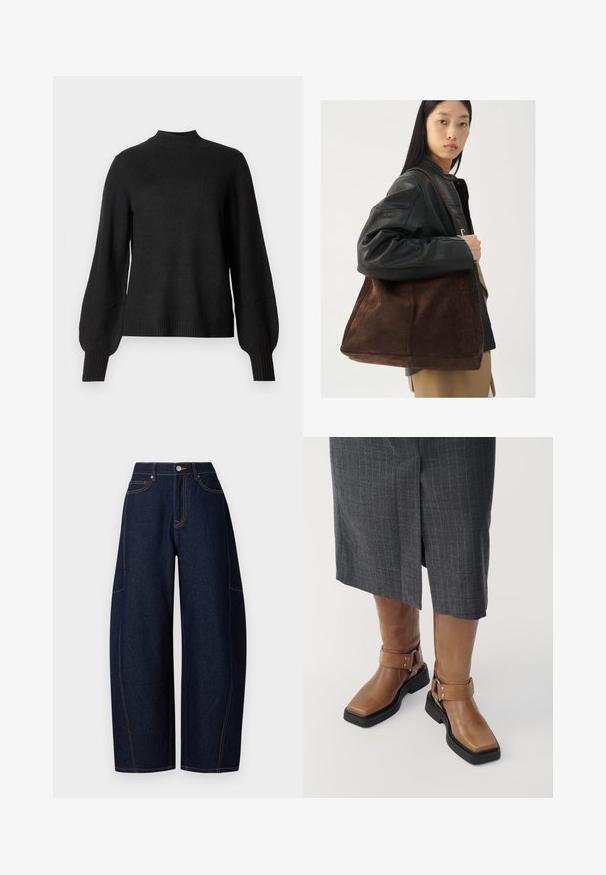 Črni dolg rokav pleteni pulover z rebrastim ovratnikom, manšetami in robom, z rahlo napihnjenimi rokavi in prilegajočo silhueto.; Široke temno modre kavbojke z kontrastnimi oranžnimi šivi, petimi žepi ter gumbom in zadrgo na pasu.; Rjave usnjene škornje do kolen s kvadratnim nosom, črnimi gumijastimi podplati in nastavljivim detajlom z zaponko. Oblečeni so z sivo krilnico s črtami.; Rjava semiš torba oblikovana širše in z mehkimi površinami, opremljena z enim ročajem in minimalnim okrasjem na nevtralnem ozadju.