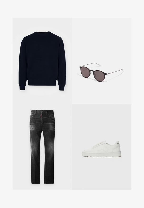 Sötétkék pulóver bordázott textúrával, kerek nyakkivágású és hosszú ujjú. Egyenes szegéllyel és minimalista dizájnnal rendelkezik, látható logók nélkül.; Fekete pamut póló, kerek nyakkal, rövid ujjakkal, rajta fehér "EMPORIO ARMANI" logó, a "Milano" felirattal ívelt formában.; Fekete farmernadrág egyenes szabással. Fakadó területek, kisebb kopások, klasszikus öt zsebes kialakítás és gombos zárás jellemzi.; Fehér bőr sportcipő sima felülettel, kerek orral, lapos fűzőkkel és texturált talppal. Finom logó található a sarokon.; Fekete kerek napszemüveg sötét lencsékkel és karcsú fém szárakkal. Átlátszó szárvégeket és ezüst részleteket tartalmaz az ívnél. Minimalista dizájn.