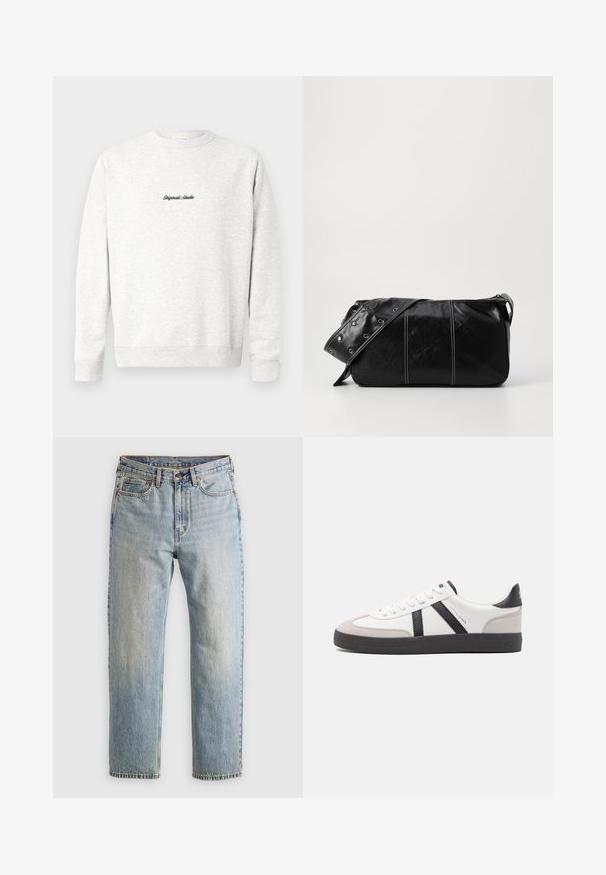 Gaiši pelēks kreklveida džemperis no mīksta materiāla, ar nelielu melnu "Originals Studio" logo priekšpusē un ribotām piedurknēm.; Gai zila denima bikses ar augstu jostasvietu, priekšējo pogu, rāvējslēdzēju un piecu kabatu dizainu, izlīdzinātas uz neitrāla fona.; Baltas sneakeris ar melniem un pelēkiem akcentiem, kuram ir teksturēts pelēks purngals, melna gumijas zole un plakanas baltas šņores. Tīrs dizains, minimālisma stils.; Melnas ādas plecu soma ar rāvējslēdzēja aizdari, ar teksturētu virsmu, baltu dūrienu un siksnu ar sudraba iekavām.