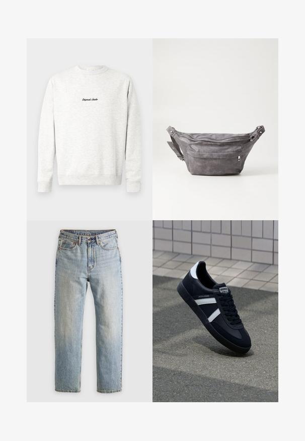 Helehall sweatshirt, mis on valmistatud pehmest materjalist, kusjuures esiküljel on väike must "Originals Studio" logo ja ribatud varrukad.; Heledad hele sinine teksapükste kõrge vöökoht, ees nupuga, lukuga ja viie taskuga disain, asetatud tasasele neutraalsele taustale.; Must have musta sneaker musta valgete triipudega, tekstuurne kummitald ja nööridega esiosa. Omab bränditud märki keele peal.; Hallikate nahast vöö kott, millel on ümar kuju, kaks tõmblukuga taskut ning reguleeritav rihm. Varustatud metallist detailide aktsentidega.