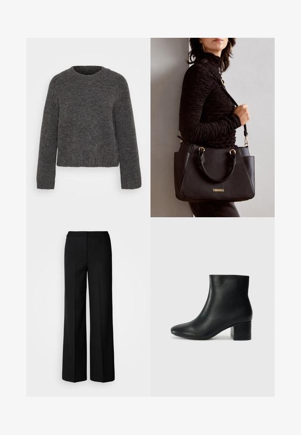 Szürke kötött pulóver, kerek nyakkal, hosszú ujjal, bordázott mandzsettával és aljjal. A textúra puhanak tűnik, és az anyag kissé foltos.; Fekete, széles szárú nadrág sima anyagból, magas derekú, üzemben készült varrásokkal és minimalista dizájnnal. Nincsenek látható fémrészek vagy zsebek.; Fekete bőr bokacsizma hegyes orral és vastag sarokkal. Sima felület minimális díszítéssel és karcsú, passzos kialakítással.; Fekete kézitáska texturált felülettel, dupla felső fogantyúval és állítható vállpánttal. Arany színű fém kiegészítők és oldalsó zsebek találhatók rajta.
