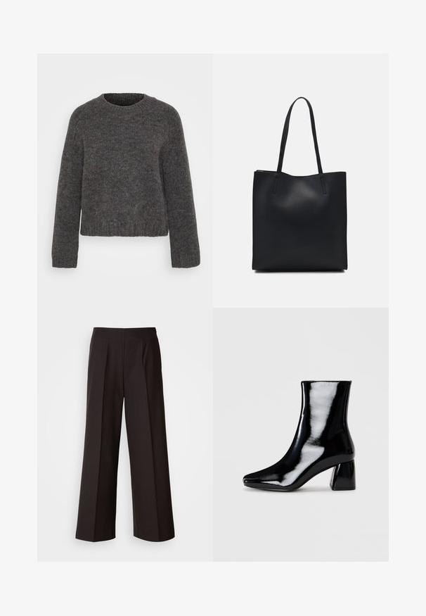Siv svetir iz pletenine z okrogo ovratnikom, dolgimi rokavi ter rebrastimi manšetami in robom. Tekstura se zdi mehka, tkanina pa je nekoliko pikeljasta.; Črne široke hlače s ravnim sprednjim delom, pliseji in gladko teksturo tkanine. Imajo visok pas in skrbno krojen silhueto za strukturiran videz.; Črne lakirane gležnjarje s koničastim nosom in kvadratnim blok peto. Gladka tekstura z visokim sijajem, brez vidnih okrasnih elementov.; Črna usnjena torba s svilnato teksturo, pravokotne oblike in dvema dolgima ročajema. Brez vidnih metalnih delov ali okrasnih elementov.